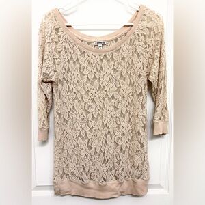 Express Lace Top Beige Cream Floral Sheer Blouse 3/4 Sleeve Medium Boho
